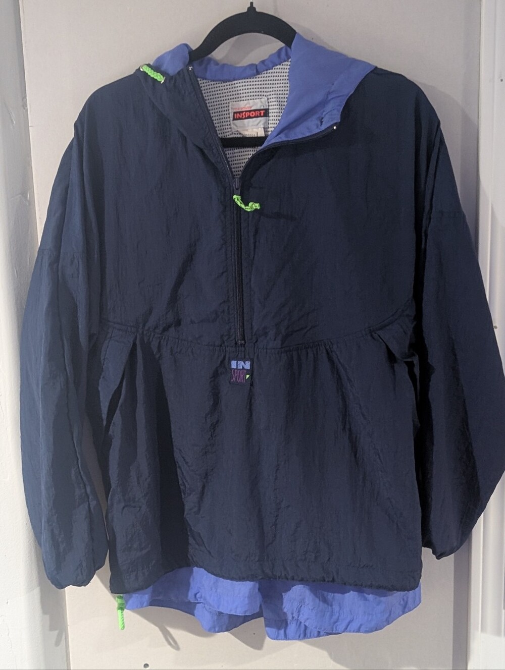Vintage InSport Navy Hooded Rain Pullover with Periwinkle Trim